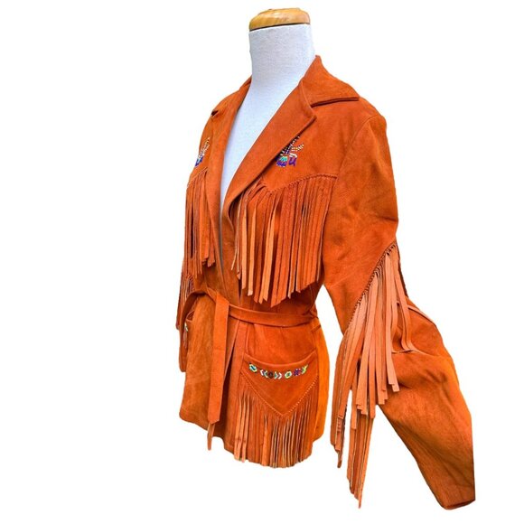 Vintage Womens Fringe Embroidered Suede Jacket With Belt Artisan Designed - Picture 6 of 9